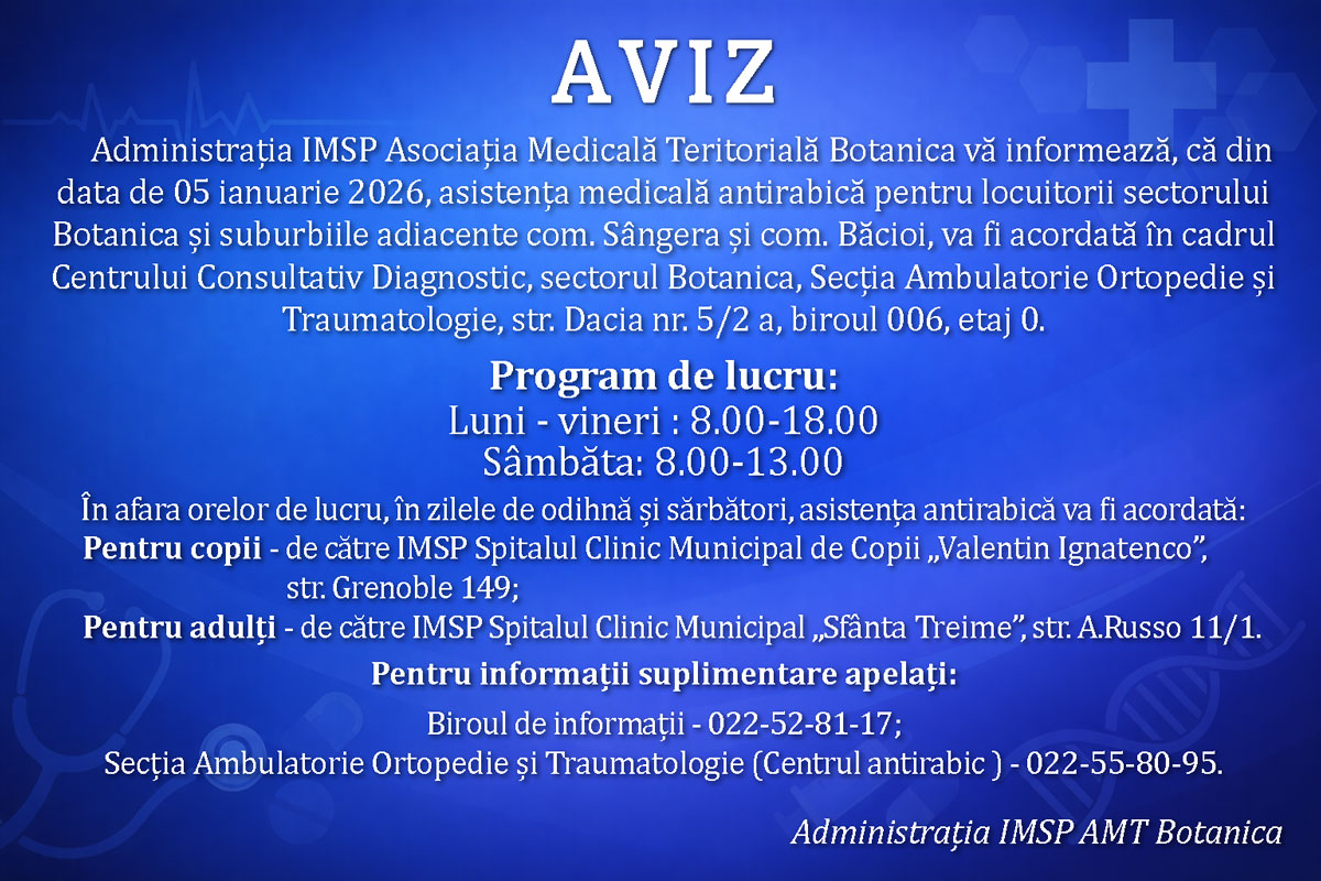 Read more about the article Administrația IMSP Asociația Medicală Teritorială Botanica vă informează, că din data de 05 ianuarie 2026, asistența medicală antirabică pentru locuitorii sectorului Botanica și suburbiile adiacente com. Sângera și com. Băcioi, va fi acordată în cadrul Centrului Consultativ Diagnostic, sectorul Botanica, Secția Ambulatorie Ortopedie și Traumatologie, str. Dacia nr. 5/2 a, biroul 006, etaj 0.